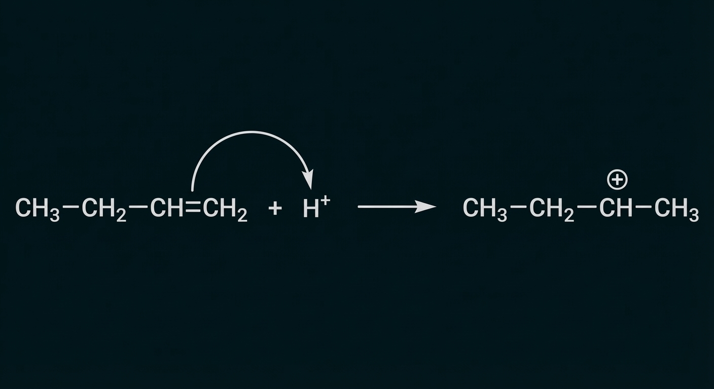 H+-Addition an 1-Buten (CH3–CH2–CH=CH2) bildet ein sekundäres Carbokation